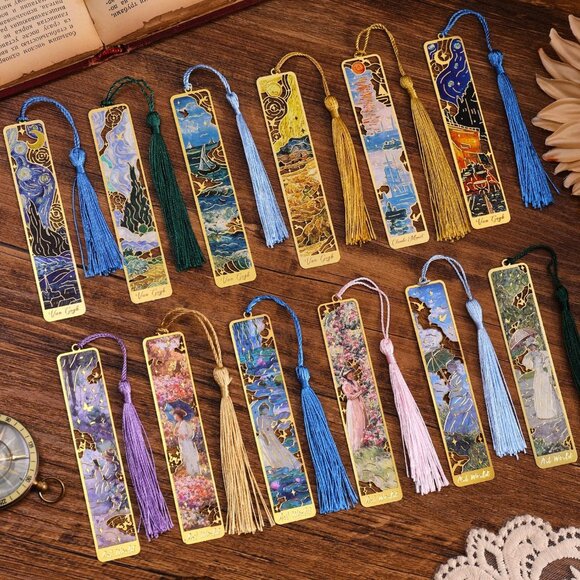 Other - 12 Pieces Metal Bookmarks with Tassel, Golden Hollow Bookmark Oil Painting Theme